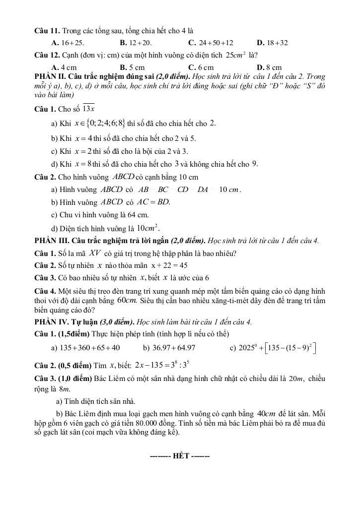 đề giữa học kỳ 1 toán 6 năm 2025 – 2026 trường th&thcs suối tiên – khánh hòa 3