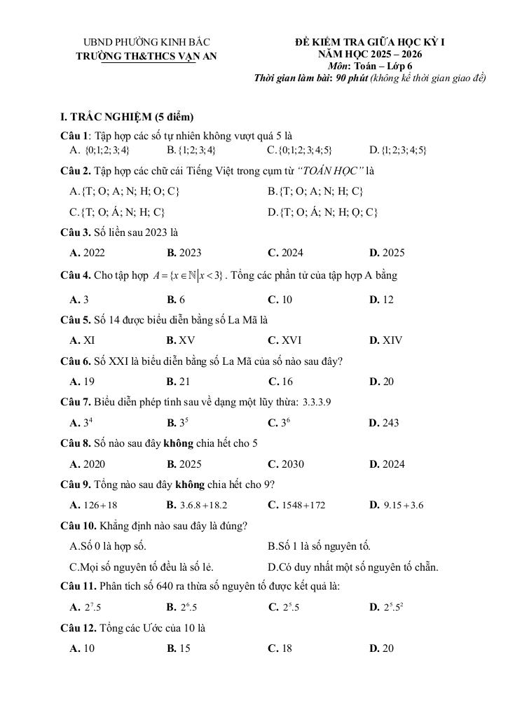 đề giữa học kỳ 1 toán 6 năm 2025 – 2026 trường th&thcs vạn an – bắc ninh 0
