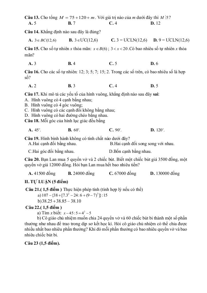 đề giữa học kỳ 1 toán 6 năm 2025 – 2026 trường th&thcs vạn an – bắc ninh 1