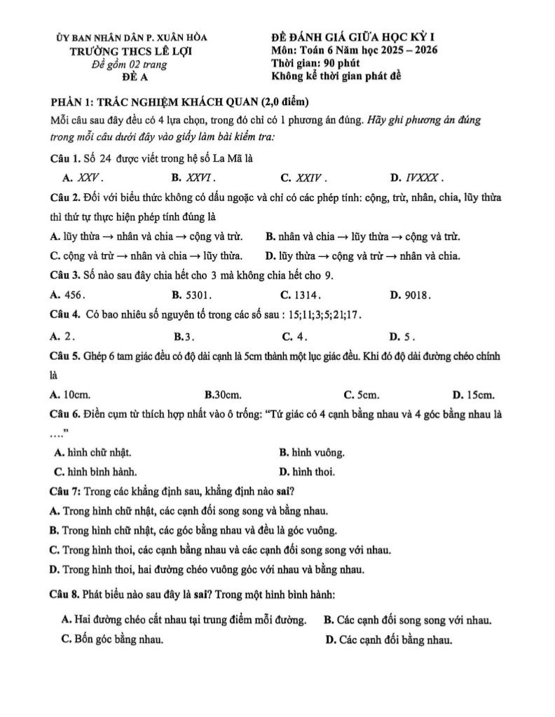 đề giữa học kỳ 1 toán 6 năm 2025 – 2026 trường thcs lê lợi – tp hcm 0