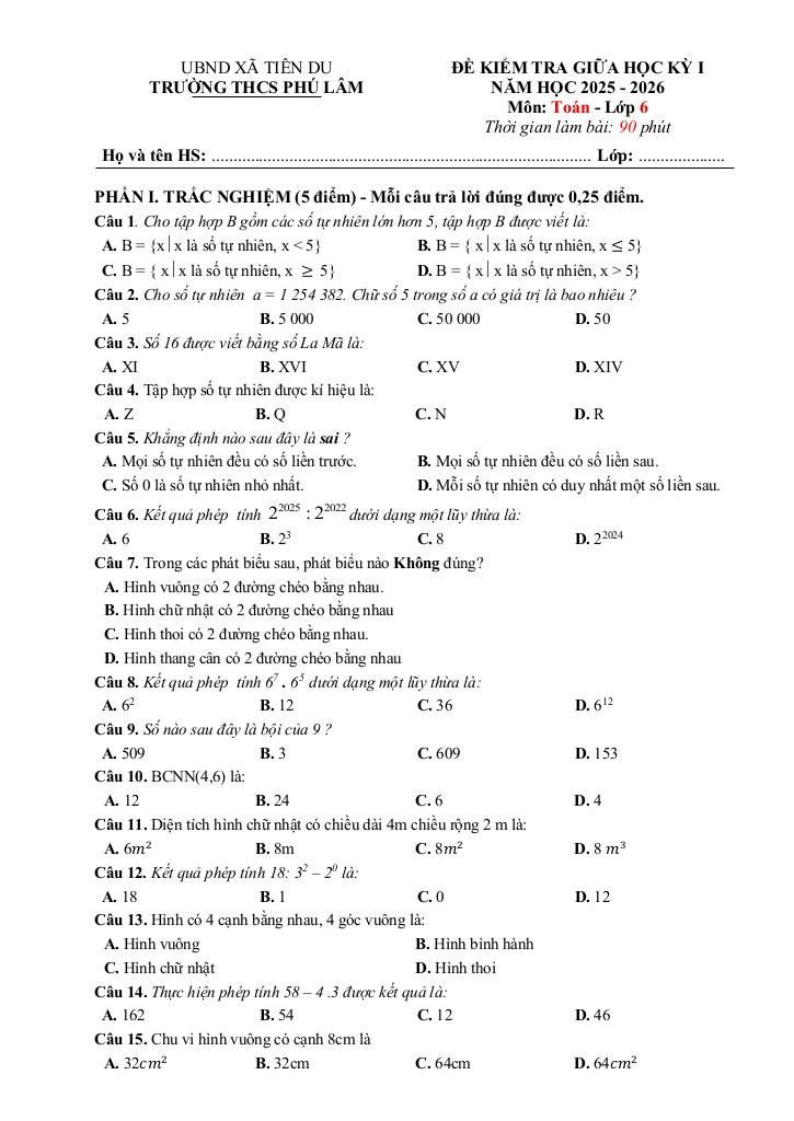 đề giữa học kỳ 1 toán 6 năm 2025 – 2026 trường thcs phú lâm – bắc ninh 0