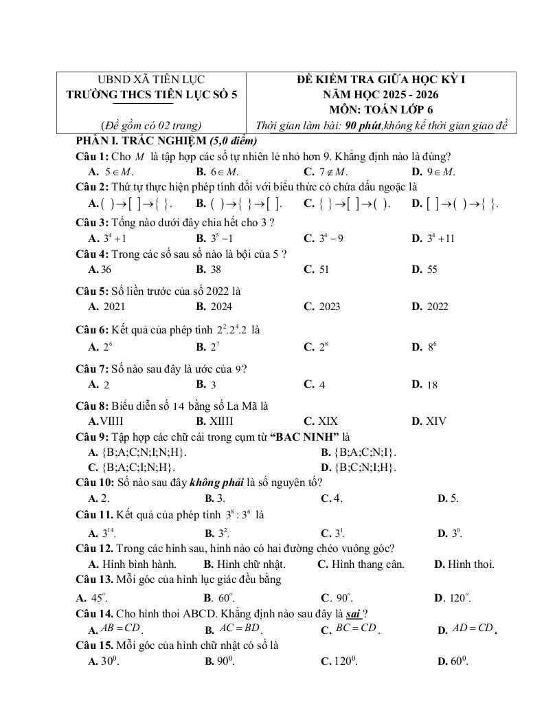 đề giữa học kỳ 1 toán 6 năm 2025 – 2026 trường thcs tiên lục 5 – bắc ninh 6
