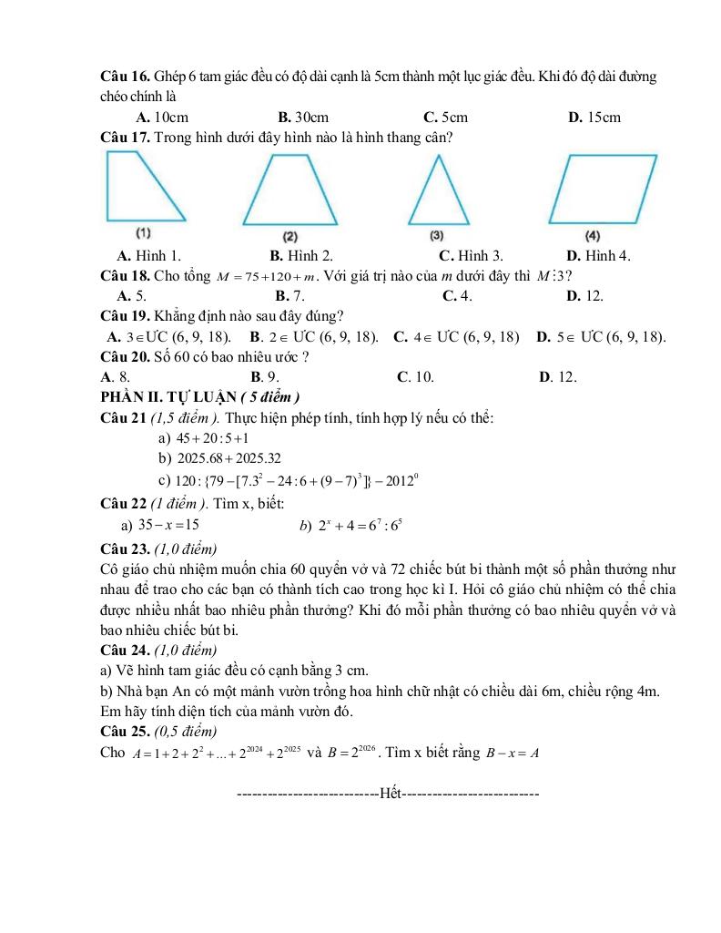 đề giữa học kỳ 1 toán 6 năm 2025 – 2026 trường thcs tiên lục 5 – bắc ninh 7