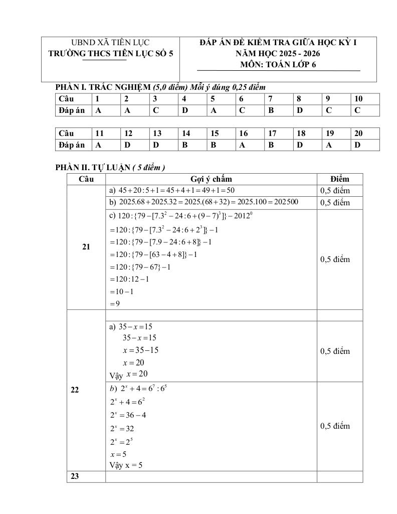 đề giữa học kỳ 1 toán 6 năm 2025 – 2026 trường thcs tiên lục 5 – bắc ninh 8