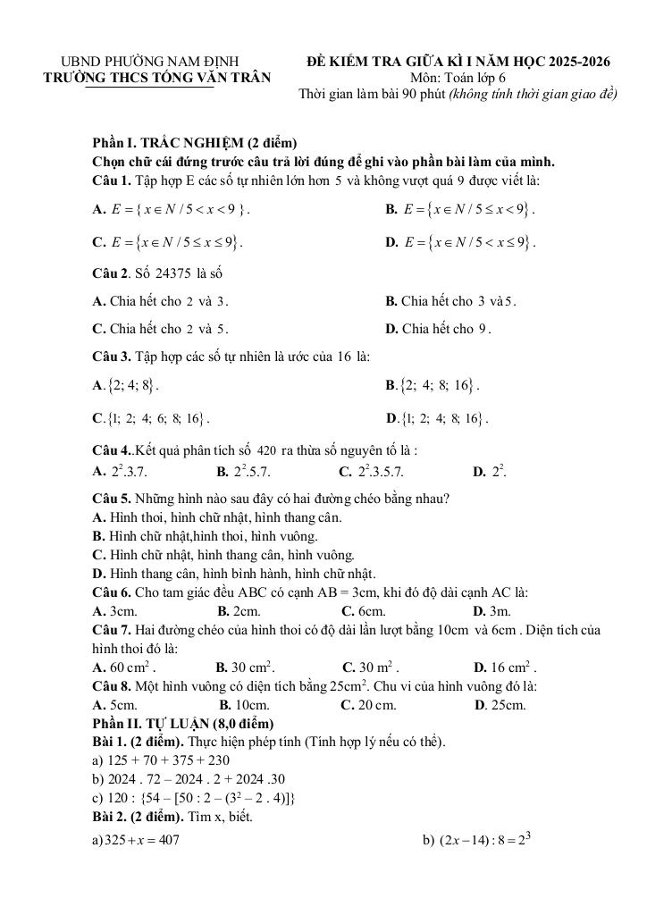 đề giữa học kỳ 1 toán 6 năm 2025 – 2026 trường thcs tống văn trân – ninh bình 0