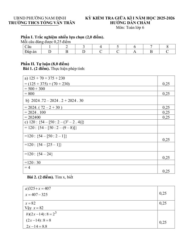 đề giữa học kỳ 1 toán 6 năm 2025 – 2026 trường thcs tống văn trân – ninh bình 2