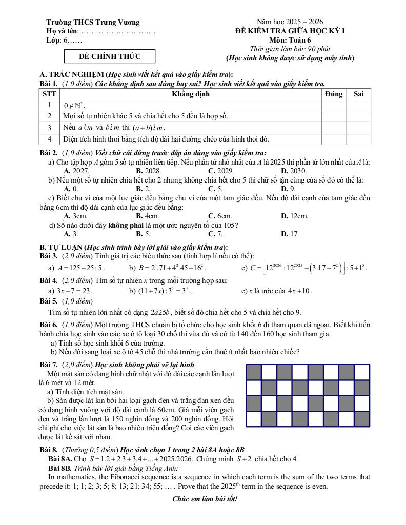 đề giữa học kỳ 1 toán 6 năm 2025 – 2026 trường thcs trưng vương – hà nội