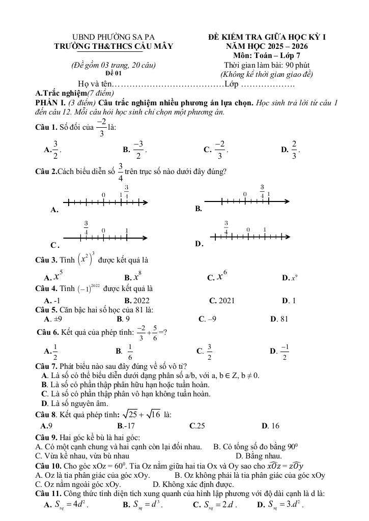 đề giữa học kỳ 1 toán 7 năm 2025 – 2026 trường th&thcs cầu mây – lào cai 4