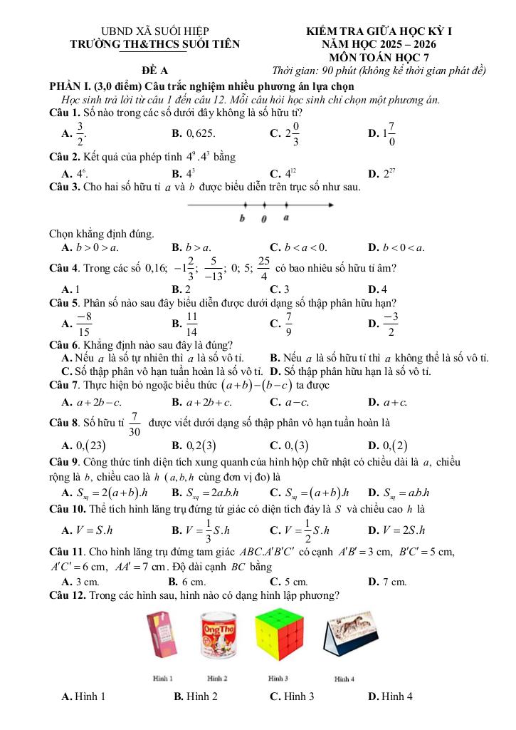 đề giữa học kỳ 1 toán 7 năm 2025 – 2026 trường th&thcs suối tiên – khánh hòa 0