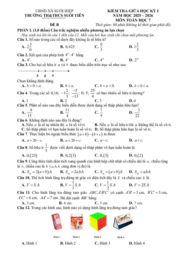 đề giữa học kỳ 1 toán 7 năm 2025 – 2026 trường th&thcs suối tiên – khánh hòa 2