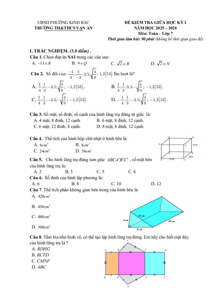 đề giữa học kỳ 1 toán 7 năm 2025 – 2026 trường th&thcs vạn an – bắc ninh 0