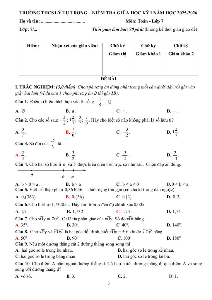 đề giữa học kỳ 1 toán 7 năm 2025 – 2026 trường thcs lý tự trọng – đà nẵng 4