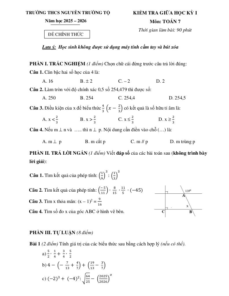 đề giữa học kỳ 1 toán 7 năm 2025 – 2026 trường thcs nguyễn trường tộ – hà nội 0