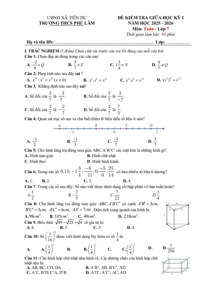 đề giữa học kỳ 1 toán 7 năm 2025 – 2026 trường thcs phú lâm – bắc ninh 0
