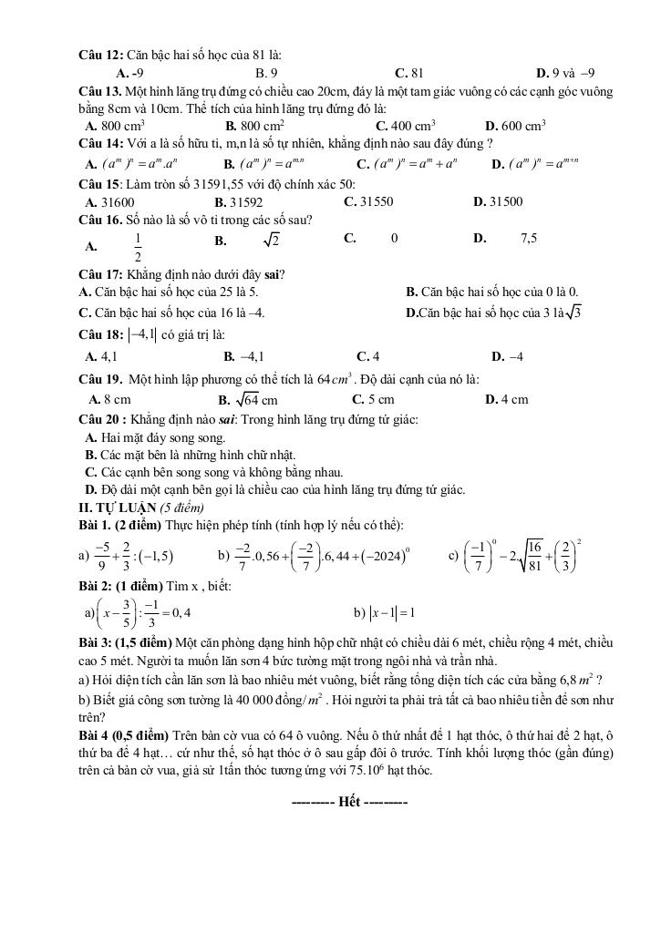 đề giữa học kỳ 1 toán 7 năm 2025 – 2026 trường thcs phú lâm – bắc ninh 1