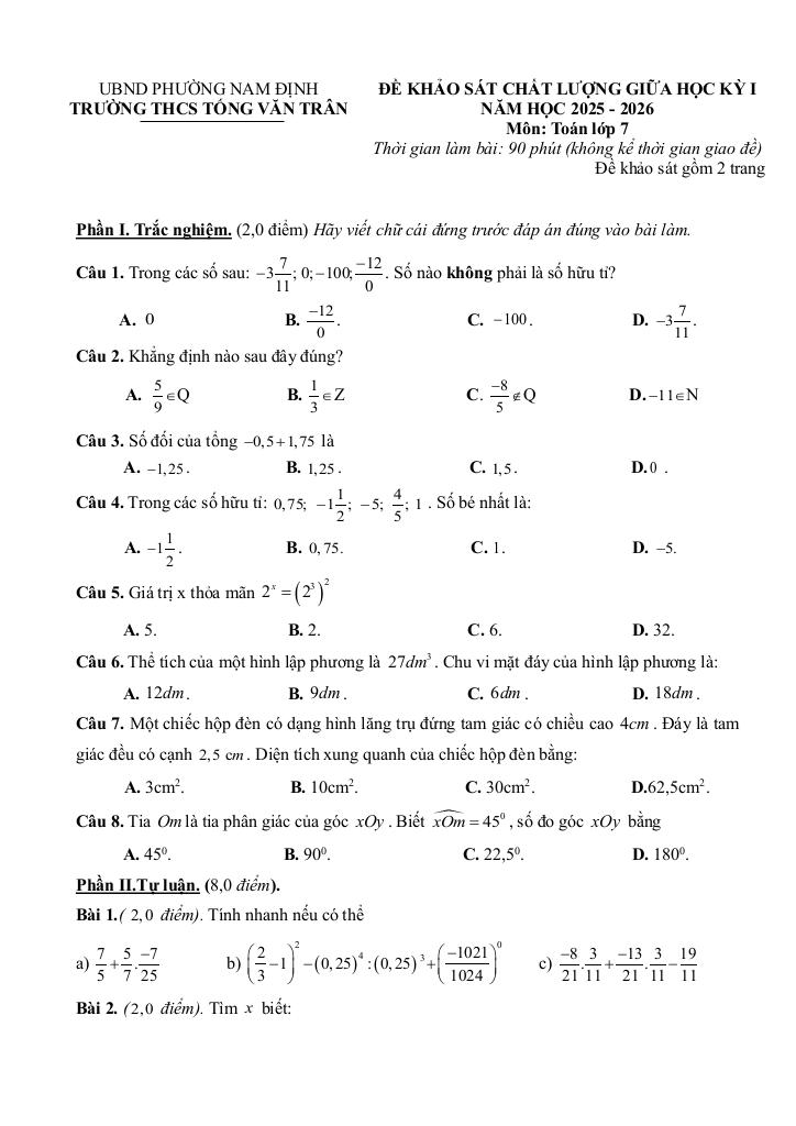 đề giữa học kỳ 1 toán 7 năm 2025 – 2026 trường thcs tống văn trân – ninh bình 0