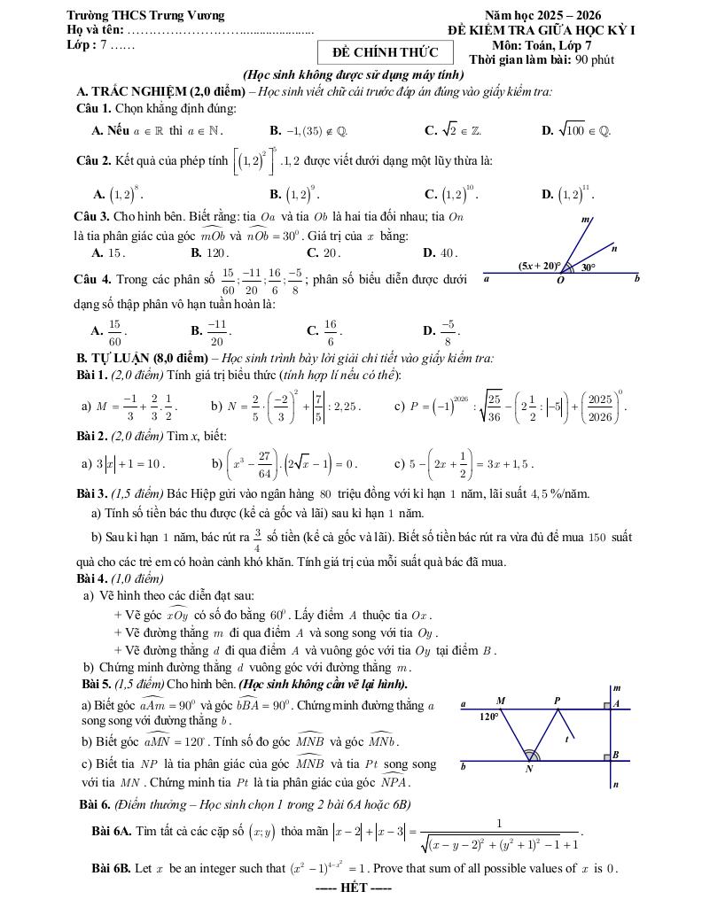 đề giữa học kỳ 1 toán 7 năm 2025 – 2026 trường thcs trưng vương – hà nội 0