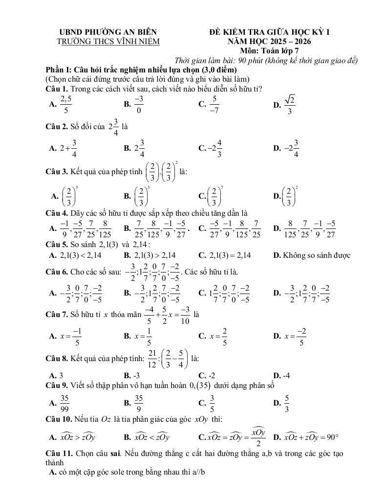 đề giữa học kỳ 1 toán 7 năm 2025 – 2026 trường thcs vĩnh niệm – hải phòng 0