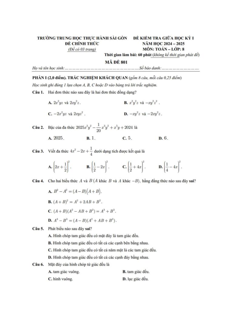 đề giữa học kỳ 1 toán 8 năm 2024 – 2025 trường thực hành sài gòn – tp hcm 0