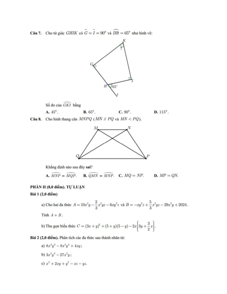 đề giữa học kỳ 1 toán 8 năm 2024 – 2025 trường thực hành sài gòn – tp hcm 1