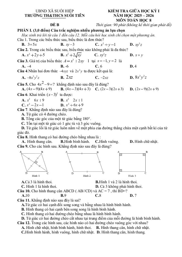 đề giữa học kỳ 1 toán 8 năm 2025 – 2026 trường th&thcs suối tiên – khánh hòa 2