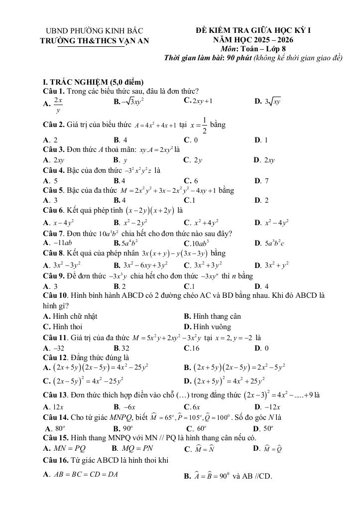 đề giữa học kỳ 1 toán 8 năm 2025 – 2026 trường th&thcs vạn an – bắc ninh 0