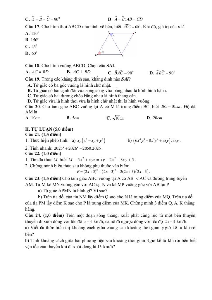 đề giữa học kỳ 1 toán 8 năm 2025 – 2026 trường th&thcs vạn an – bắc ninh 1
