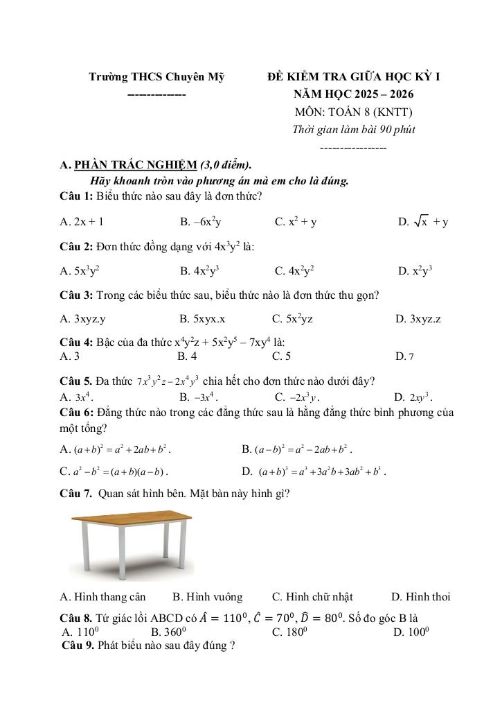đề giữa học kỳ 1 toán 8 năm 2025 – 2026 trường thcs chuyên mỹ – hà nội 5