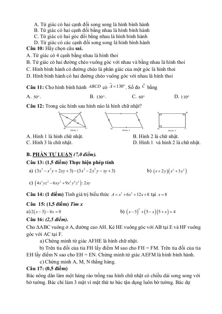 đề giữa học kỳ 1 toán 8 năm 2025 – 2026 trường thcs chuyên mỹ – hà nội 6