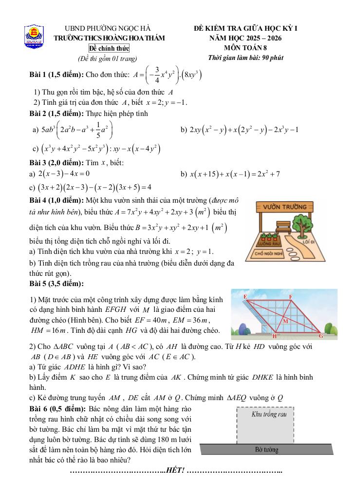 đề giữa học kỳ 1 toán 8 năm 2025 – 2026 trường thcs hoàng hoa thám – hà nội 1