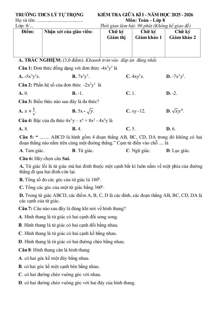đề giữa học kỳ 1 toán 8 năm 2025 – 2026 trường thcs lý tự trọng – đà nẵng 4