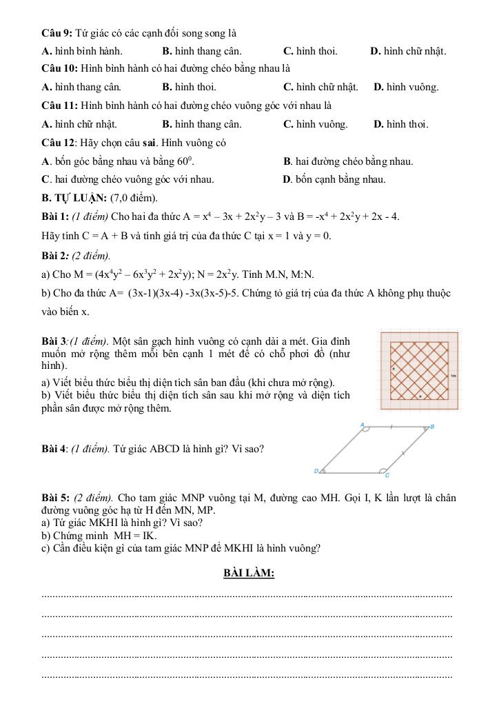 đề giữa học kỳ 1 toán 8 năm 2025 – 2026 trường thcs lý tự trọng – đà nẵng 5