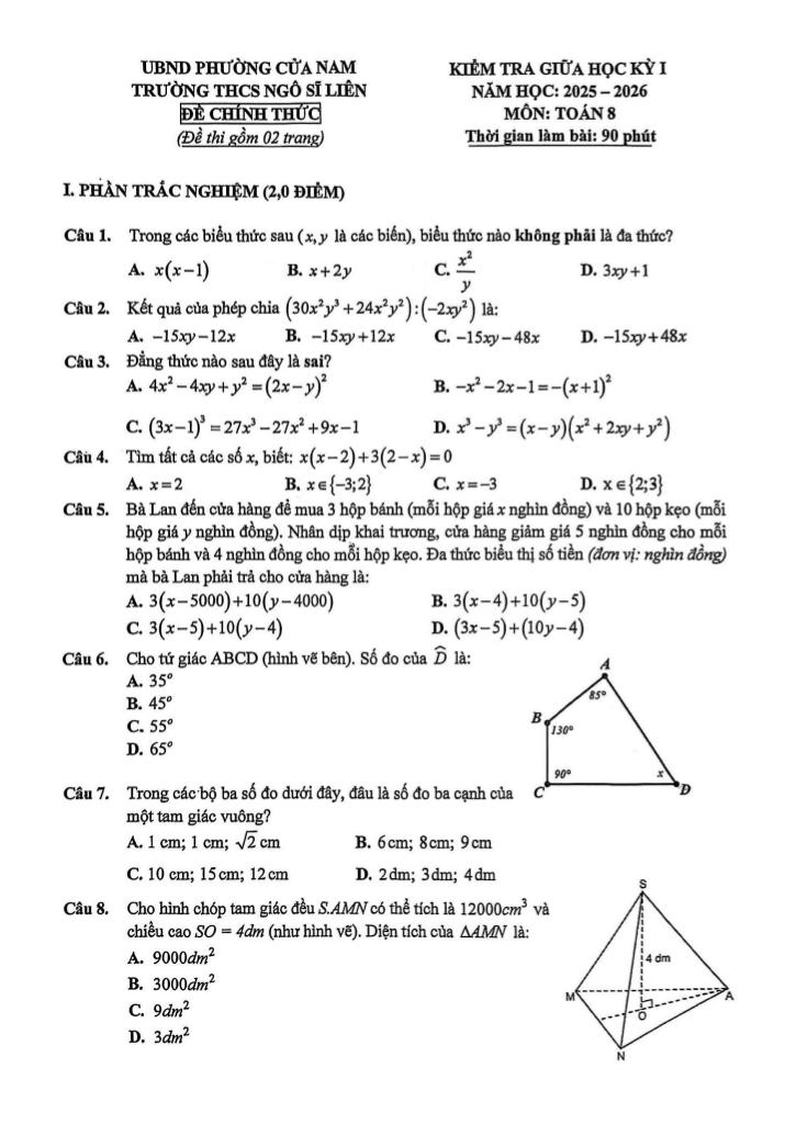 đề giữa học kỳ 1 toán 8 năm 2025 – 2026 trường thcs ngô sĩ liên – hà nội 0