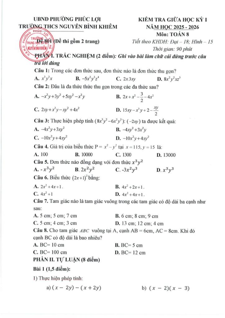 đề giữa học kỳ 1 toán 8 năm 2025 – 2026 trường thcs nguyễn bỉnh khiêm – hà nội 0