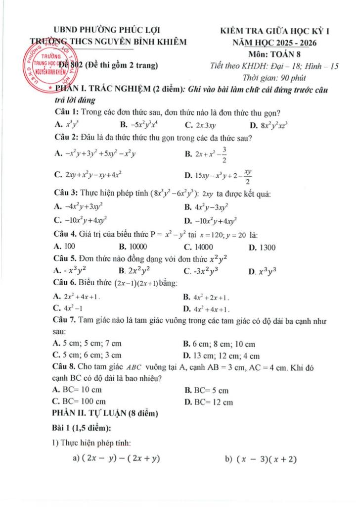đề giữa học kỳ 1 toán 8 năm 2025 – 2026 trường thcs nguyễn bỉnh khiêm – hà nội 2
