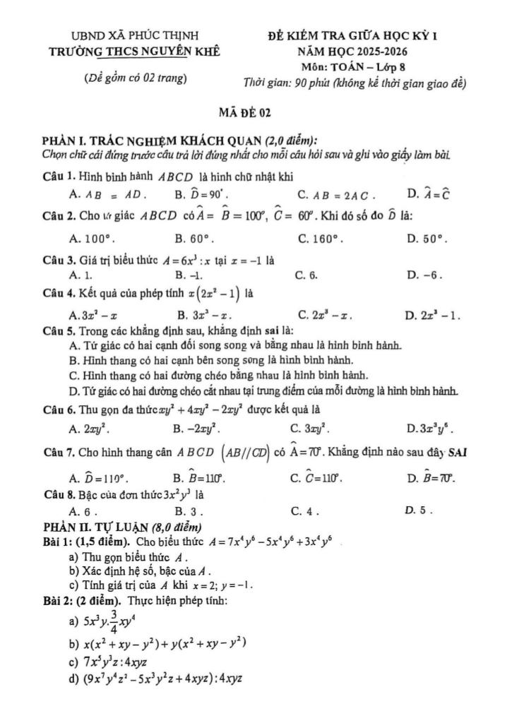 đề giữa học kỳ 1 toán 8 năm 2025 – 2026 trường thcs nguyên khê – hà nội 0