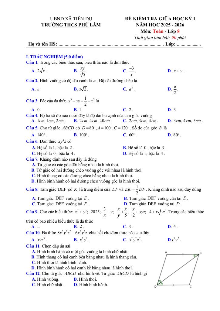 đề giữa học kỳ 1 toán 8 năm 2025 – 2026 trường thcs phú lâm – bắc ninh 0