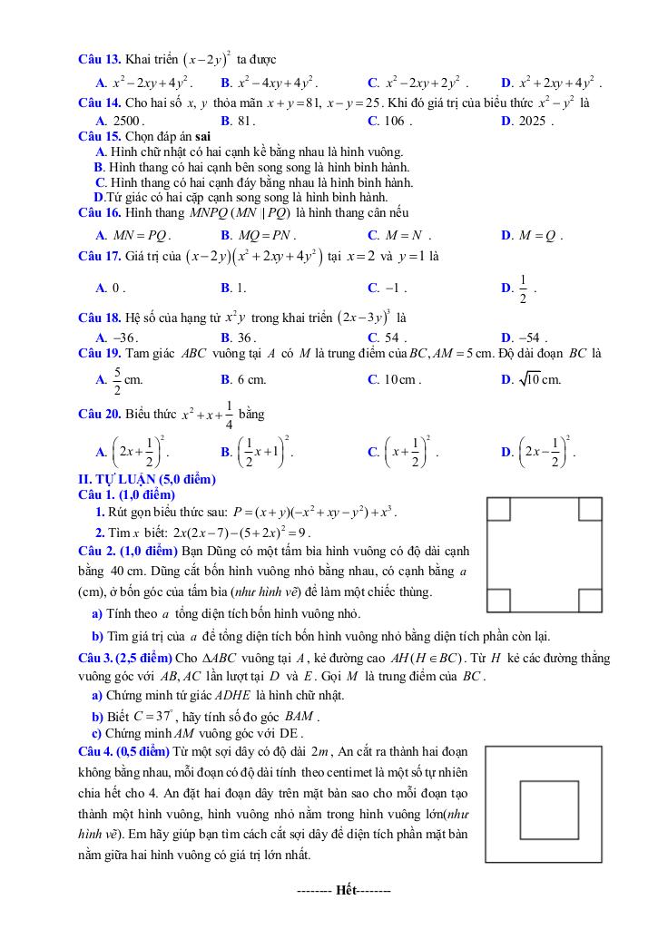 đề giữa học kỳ 1 toán 8 năm 2025 – 2026 trường thcs phú lâm – bắc ninh 1