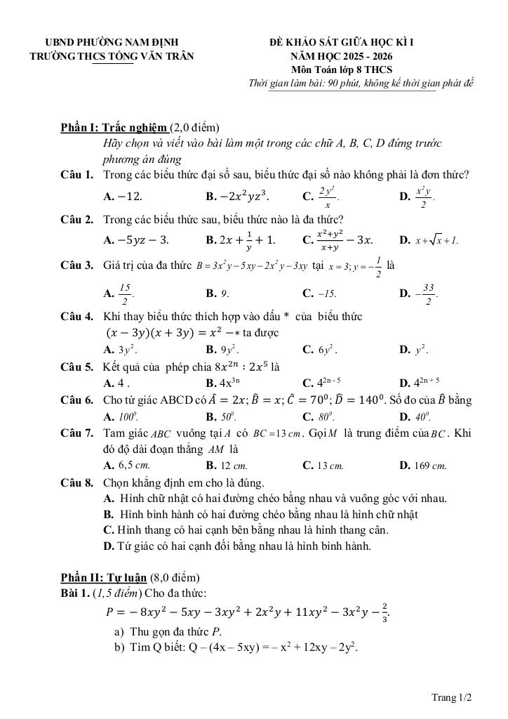 đề giữa học kỳ 1 toán 8 năm 2025 – 2026 trường thcs tống văn trân – ninh bình 0