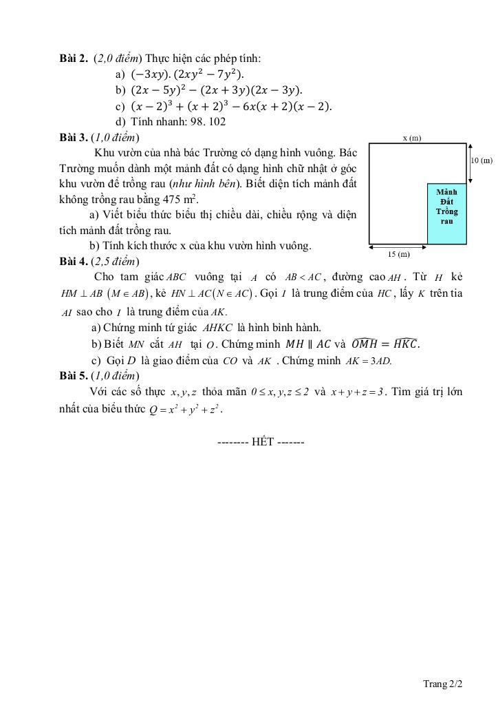 đề giữa học kỳ 1 toán 8 năm 2025 – 2026 trường thcs tống văn trân – ninh bình 1