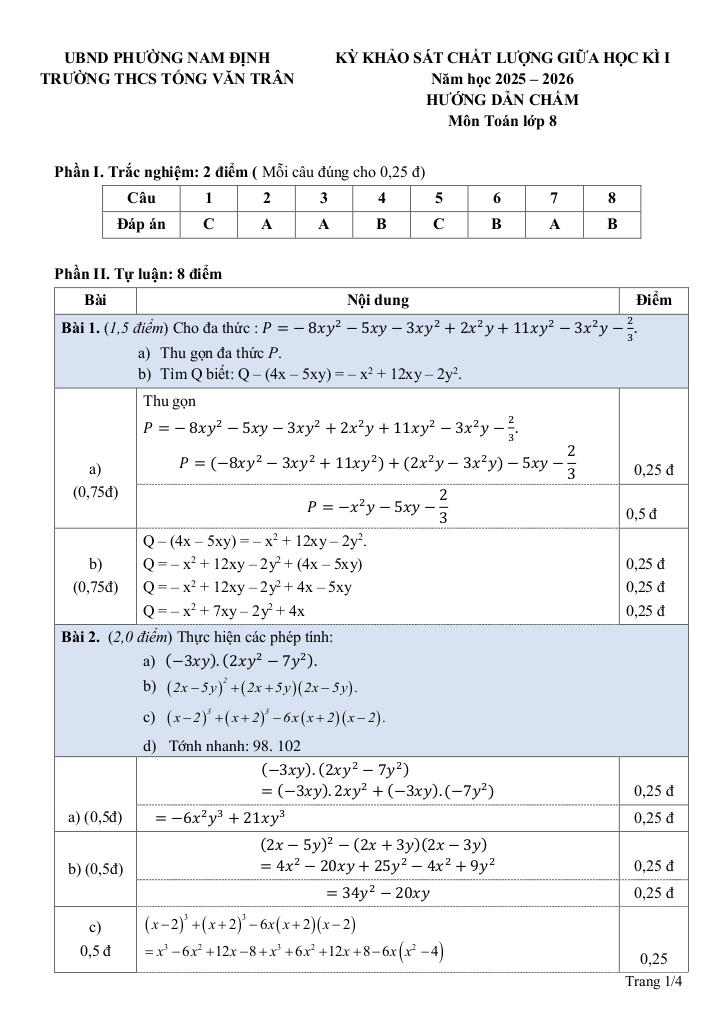 đề giữa học kỳ 1 toán 8 năm 2025 – 2026 trường thcs tống văn trân – ninh bình 2