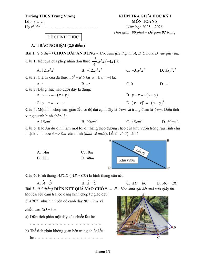 đề giữa học kỳ 1 toán 8 năm 2025 – 2026 trường thcs trưng vương – hà nội 0