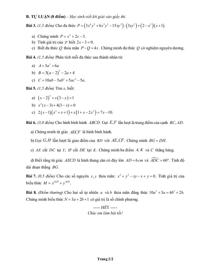 đề giữa học kỳ 1 toán 8 năm 2025 – 2026 trường thcs trưng vương – hà nội 1
