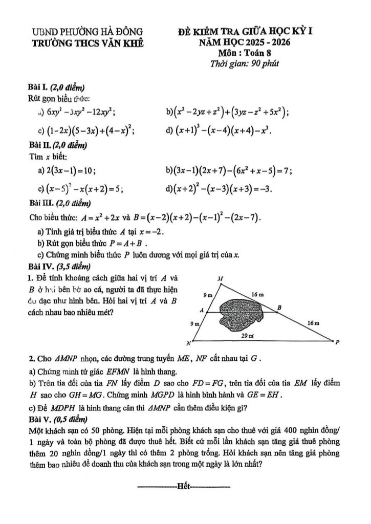 đề giữa học kỳ 1 toán 8 năm 2025 – 2026 trường thcs văn khê – hà nội