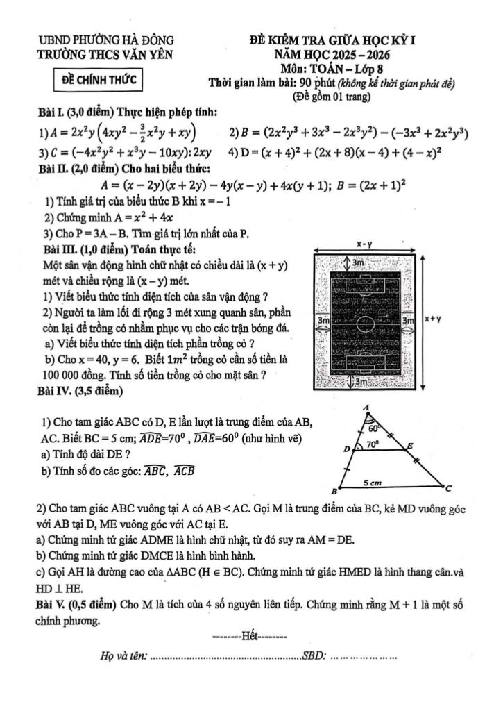 đề giữa học kỳ 1 toán 8 năm 2025 – 2026 trường thcs văn yên – hà nội
