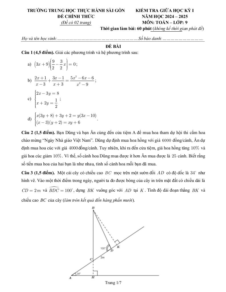 đề giữa học kỳ 1 toán 9 năm 2024 – 2025 trường thực hành sài gòn – tp hcm 0