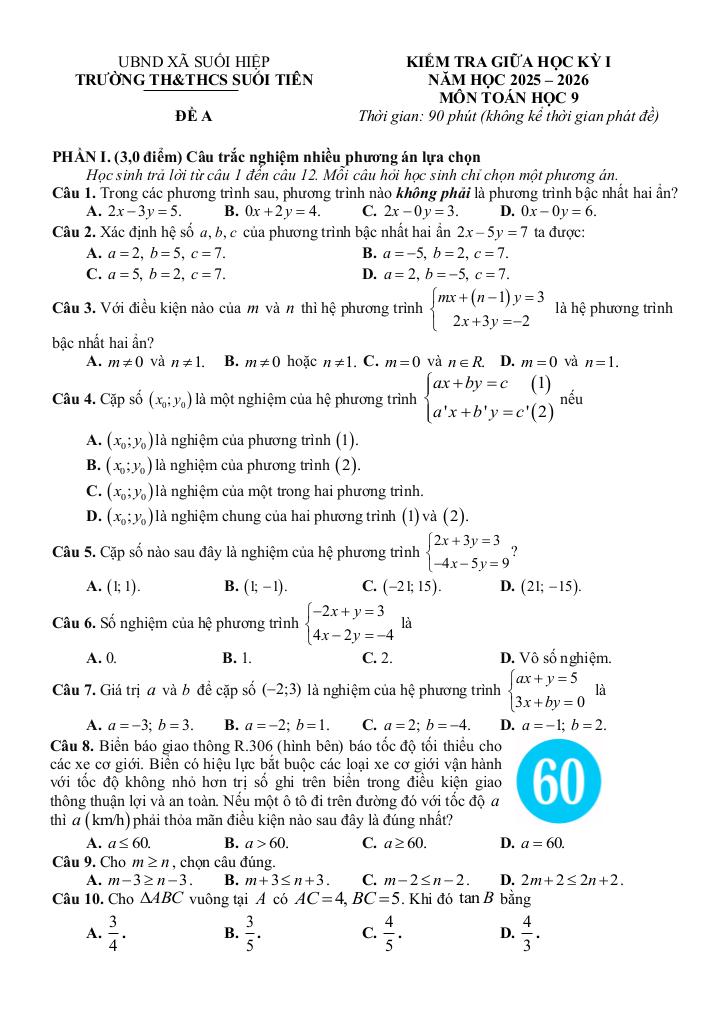 đề giữa học kỳ 1 toán 9 năm 2025 – 2026 trường th&thcs suối tiên – khánh hòa 0