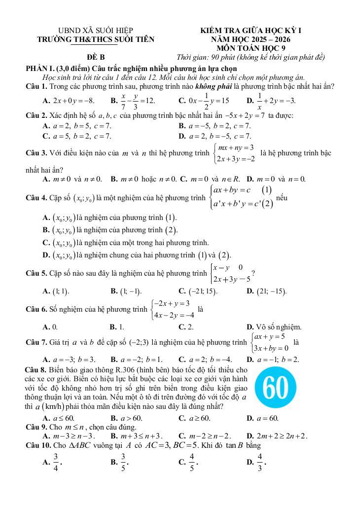 đề giữa học kỳ 1 toán 9 năm 2025 – 2026 trường th&thcs suối tiên – khánh hòa 2