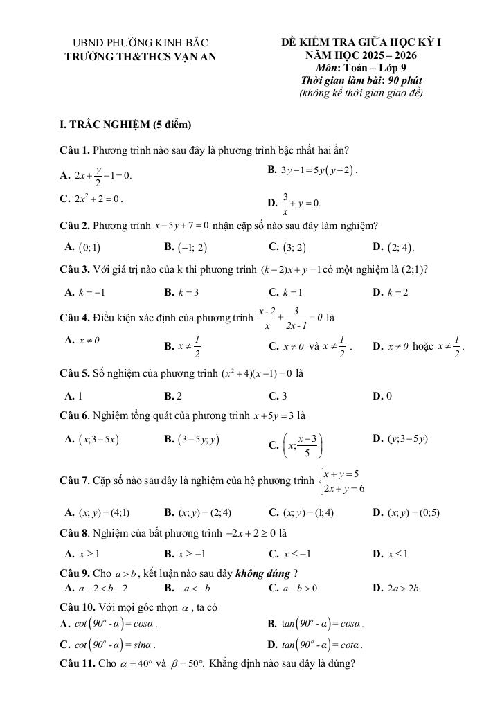 đề giữa học kỳ 1 toán 9 năm 2025 – 2026 trường th&thcs vạn an – bắc ninh 0