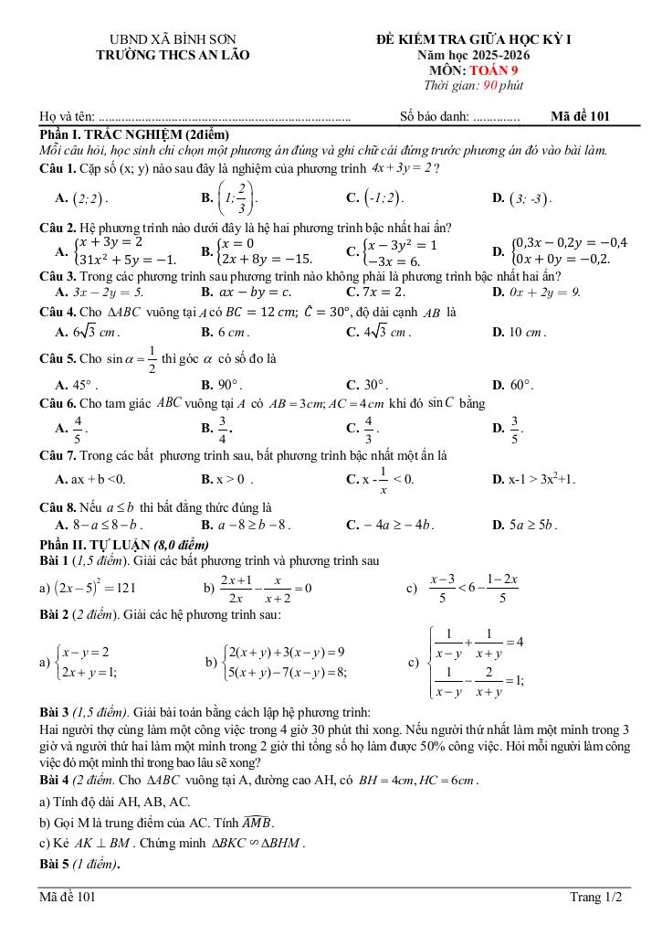 đề giữa học kỳ 1 toán 9 năm 2025 – 2026 trường thcs an lão – ninh bình 0